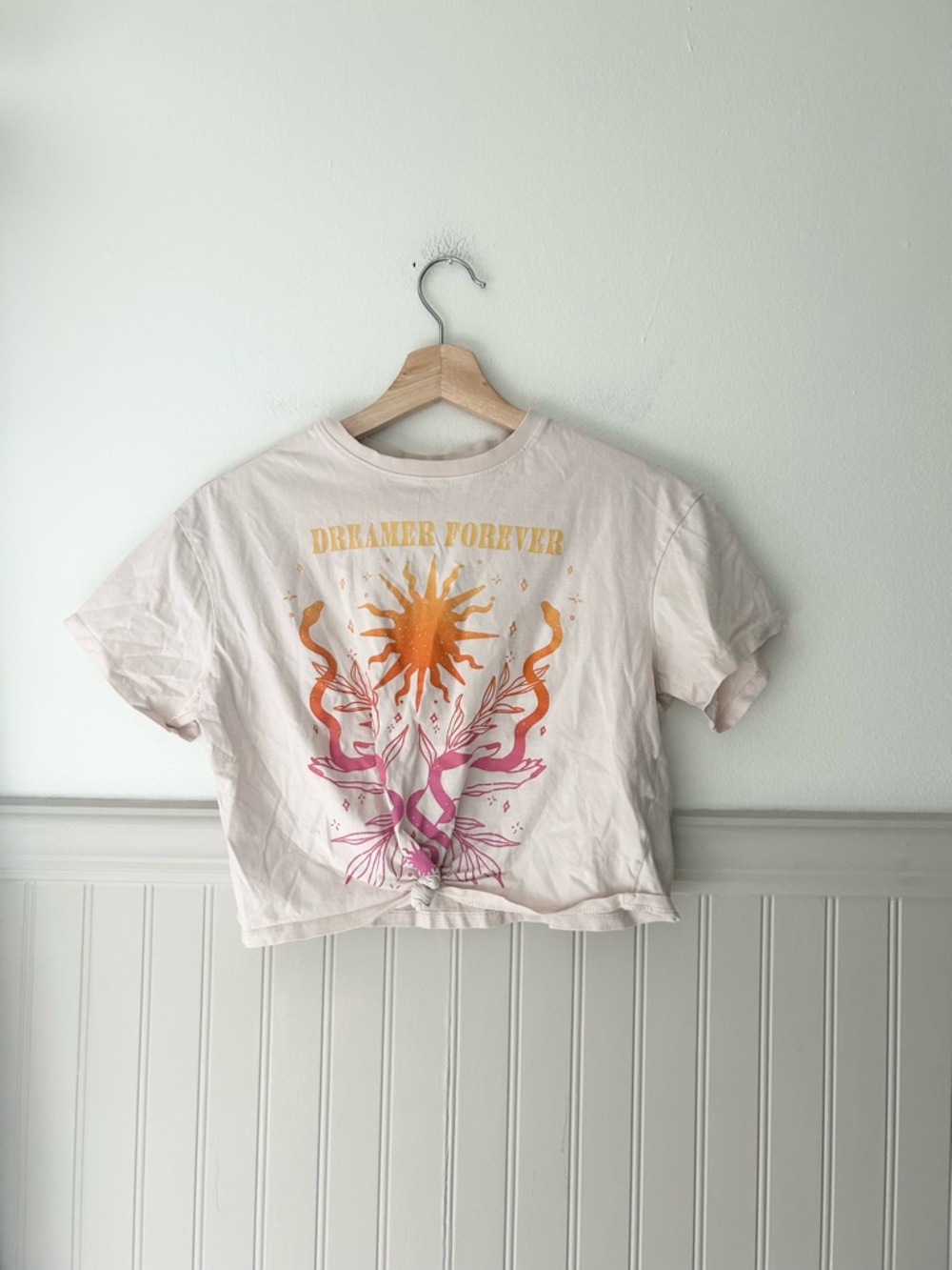 H&M Girls 12/14 Dreamer Forever Graphic Crop Top Tie Front Cream Cotton